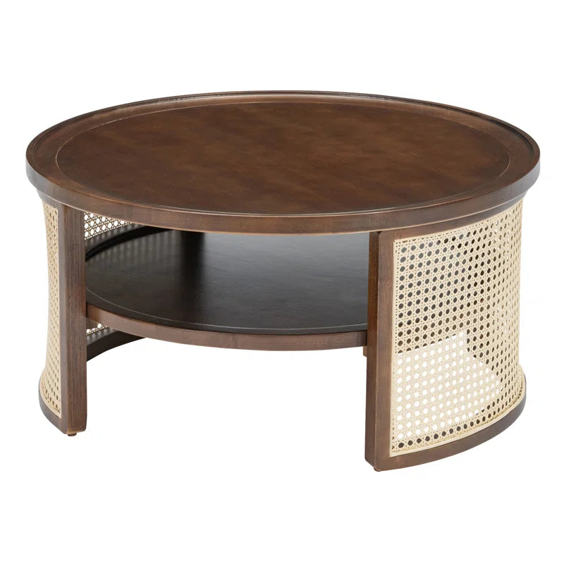 Round Natural Wood Coffee Table With Selves Rattan Base
