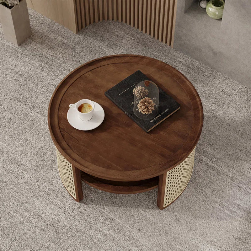 Round Natural Wood Coffee Table With Selves Rattan Base