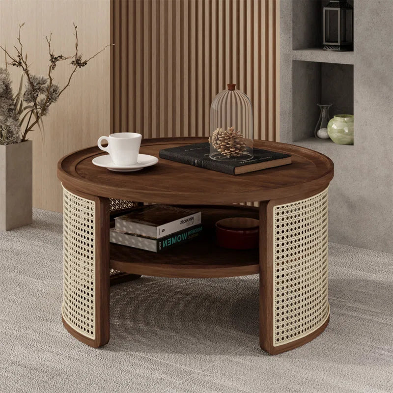 Round Natural Wood Coffee Table With Selves Rattan Base