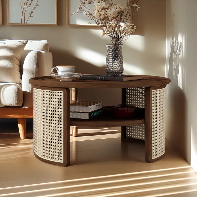 Round Natural Wood Coffee Table With Selves Rattan Base