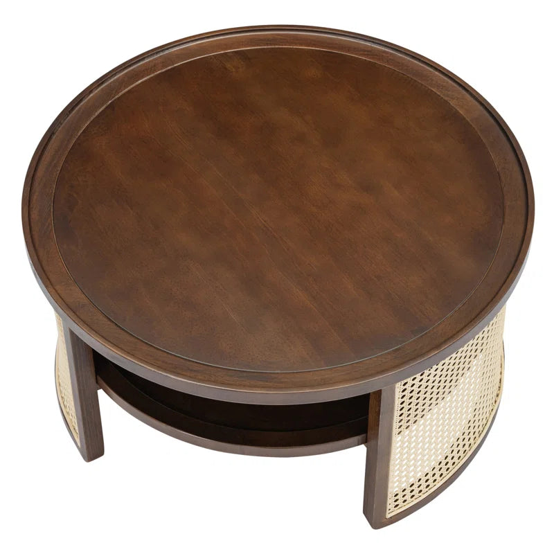 Round Natural Wood Coffee Table With Selves Rattan Base