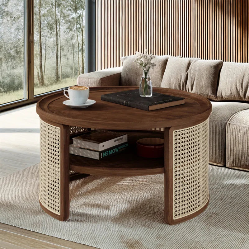 Round Natural Wood Coffee Table With Selves Rattan Base