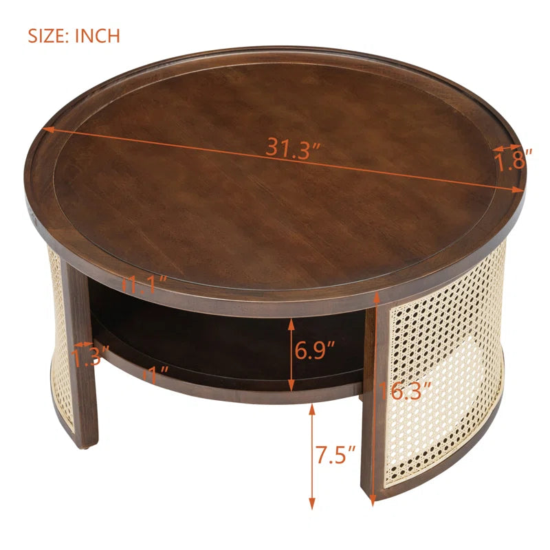 Round Natural Wood Coffee Table With Selves Rattan Base