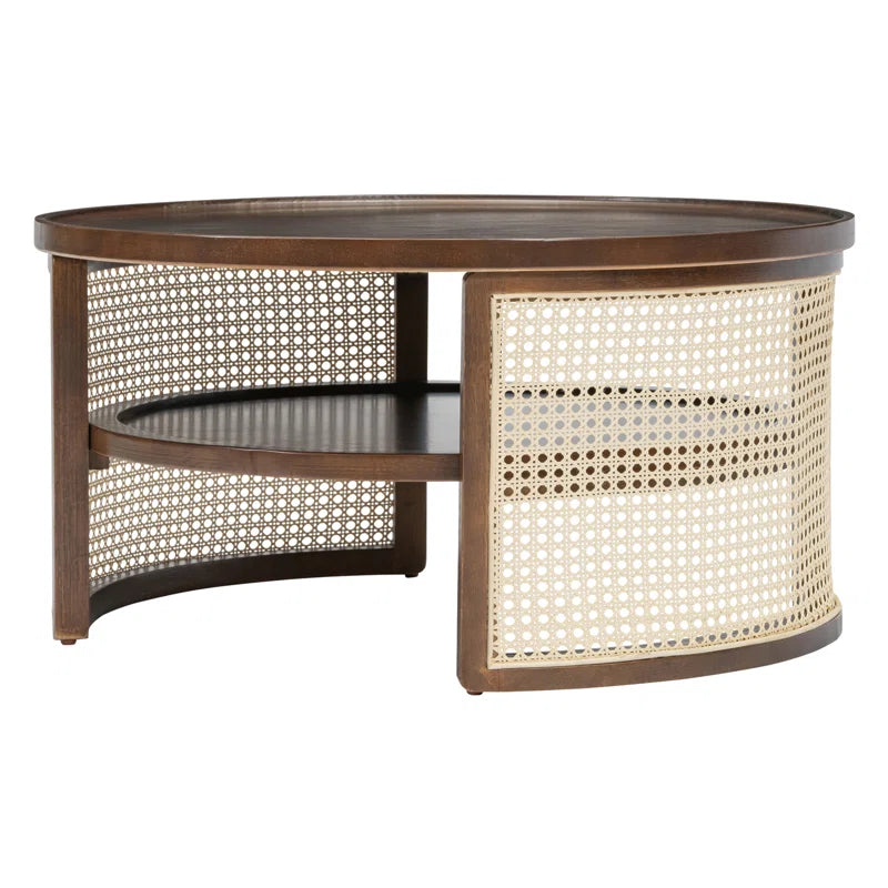 Round Natural Wood Coffee Table With Selves Rattan Base