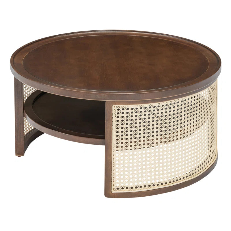 Round Natural Wood Coffee Table With Selves Rattan Base