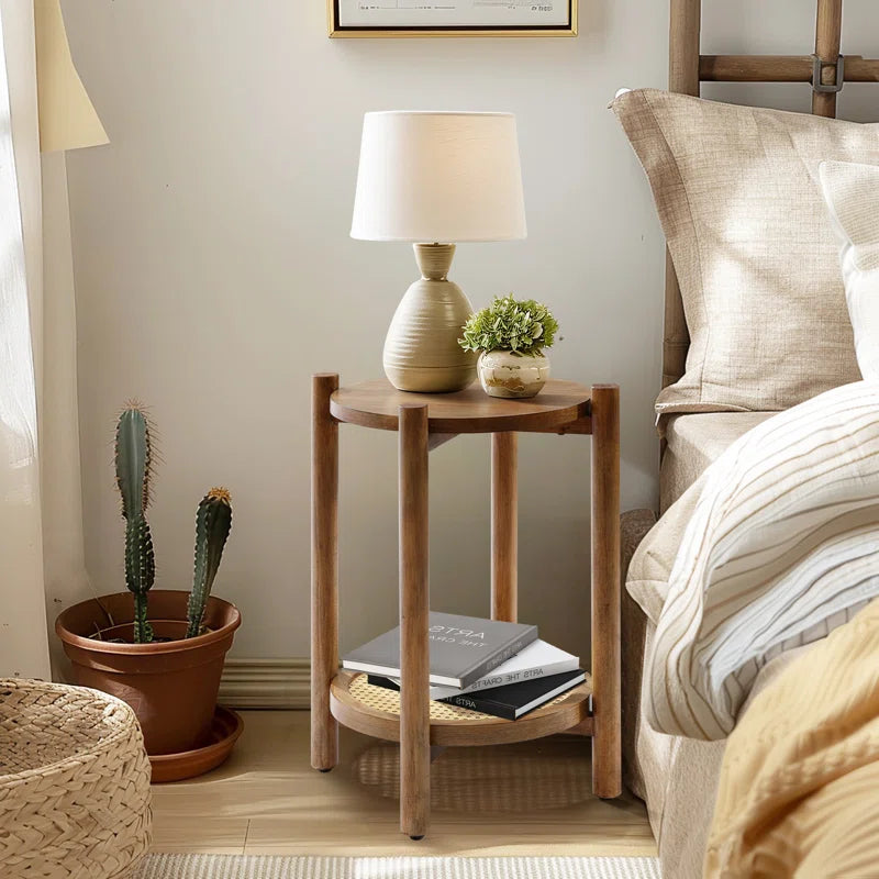 Accent Round End Table with Rattan Shelf