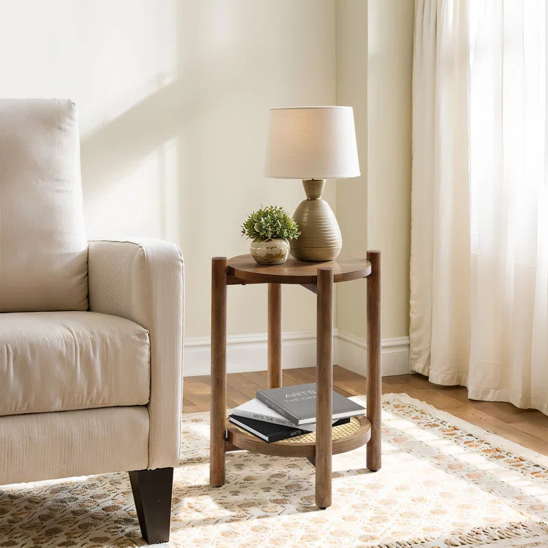Accent Round End Table with Rattan Shelf