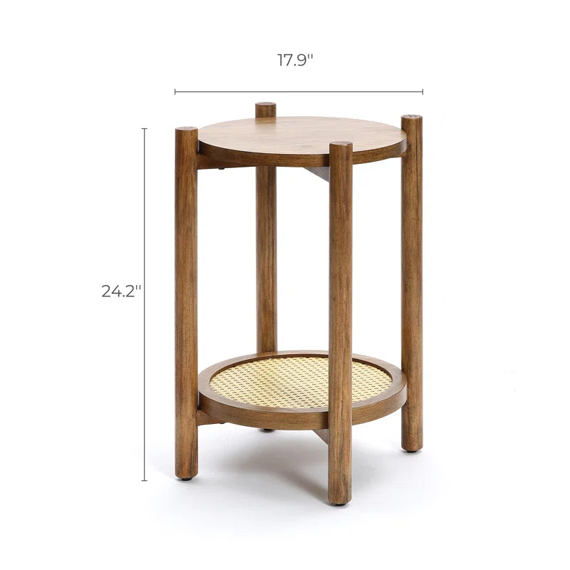 Accent Round End Table with Rattan Shelf