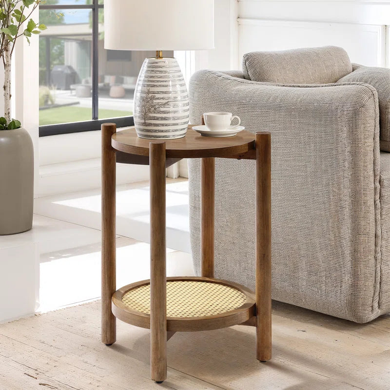 Accent Round End Table with Rattan Shelf