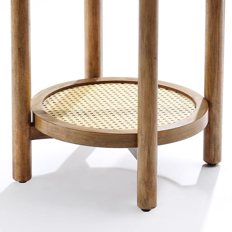 Accent Round End Table with Rattan Shelf