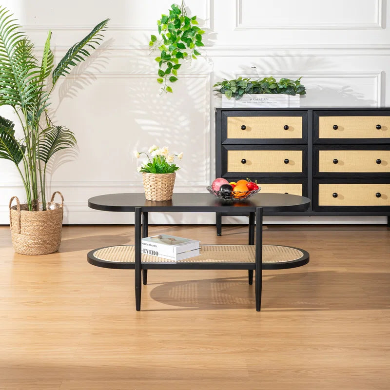 Cane & Wood Coffee Table with Storage