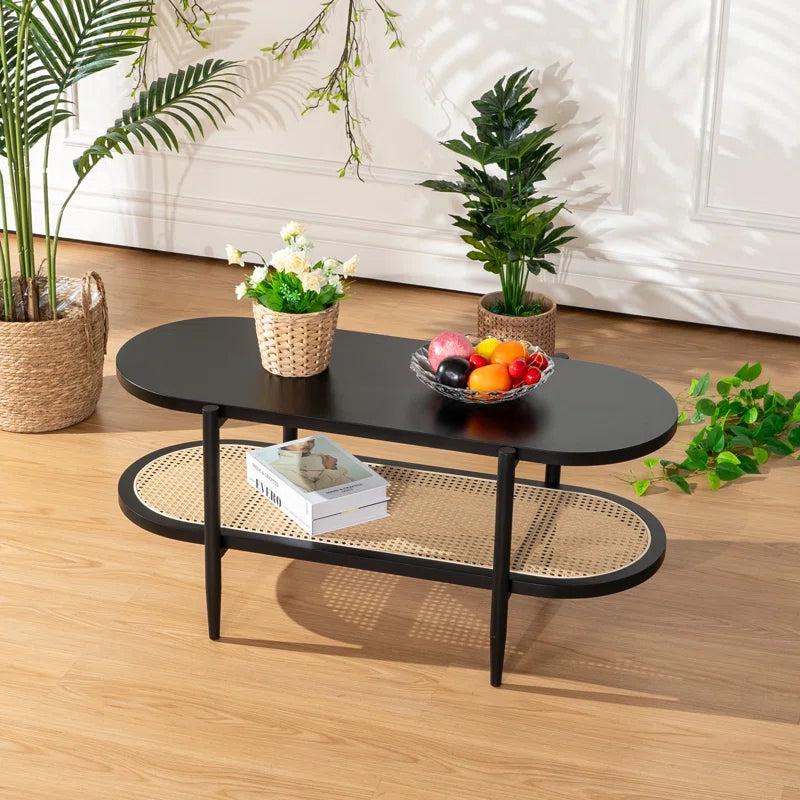 Cane & Wood Coffee Table with Storage