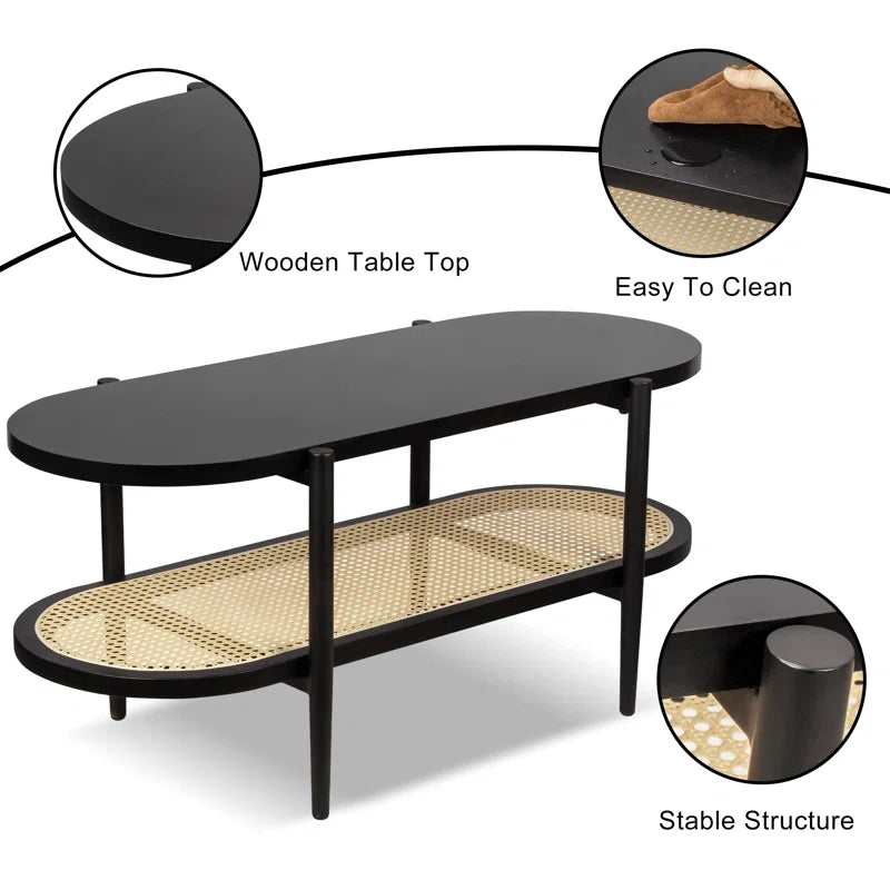 Cane & Wood Coffee Table with Storage