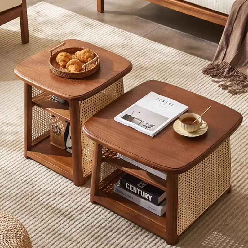 Solid Wood Rattan Coffee Table with High-Low Design