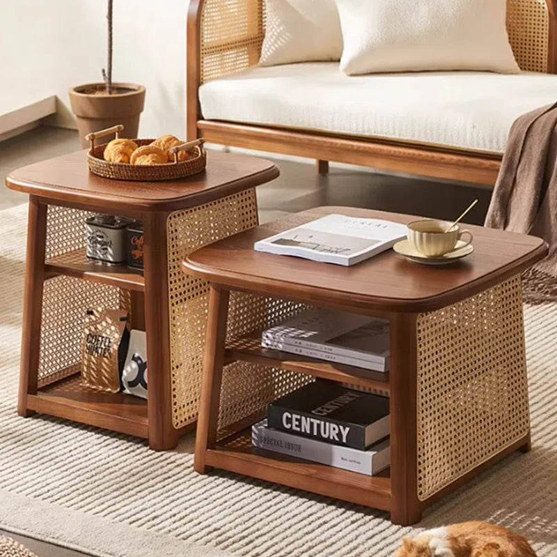 Solid Wood Rattan Coffee Table with High-Low Design