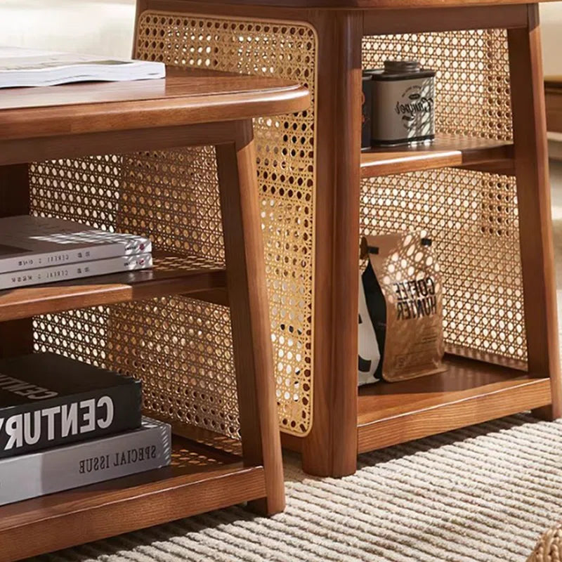 Solid Wood Rattan Coffee Table with High-Low Design