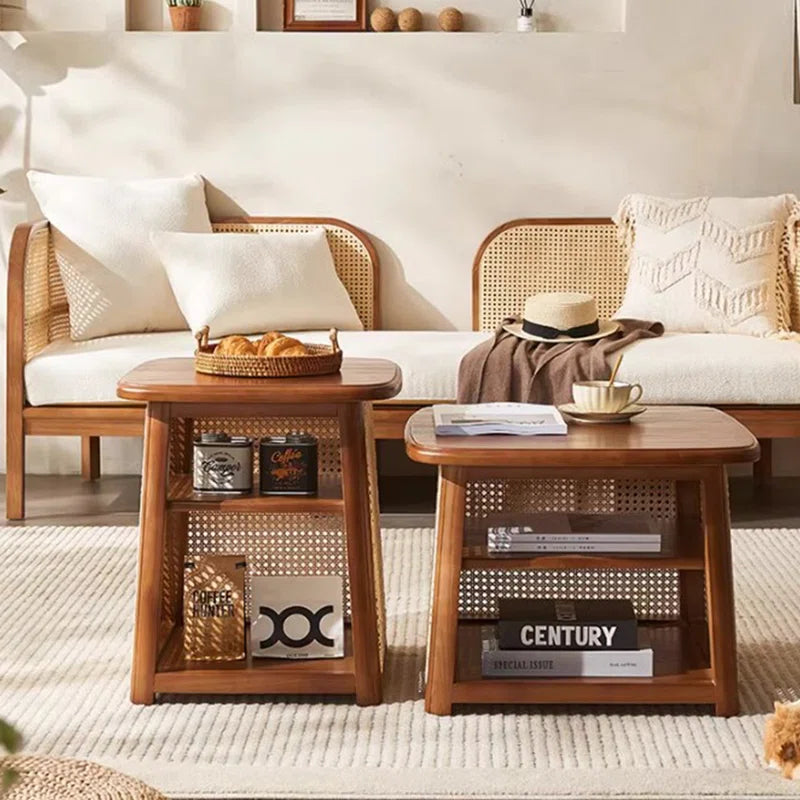 Solid Wood Rattan Coffee Table with High-Low Design