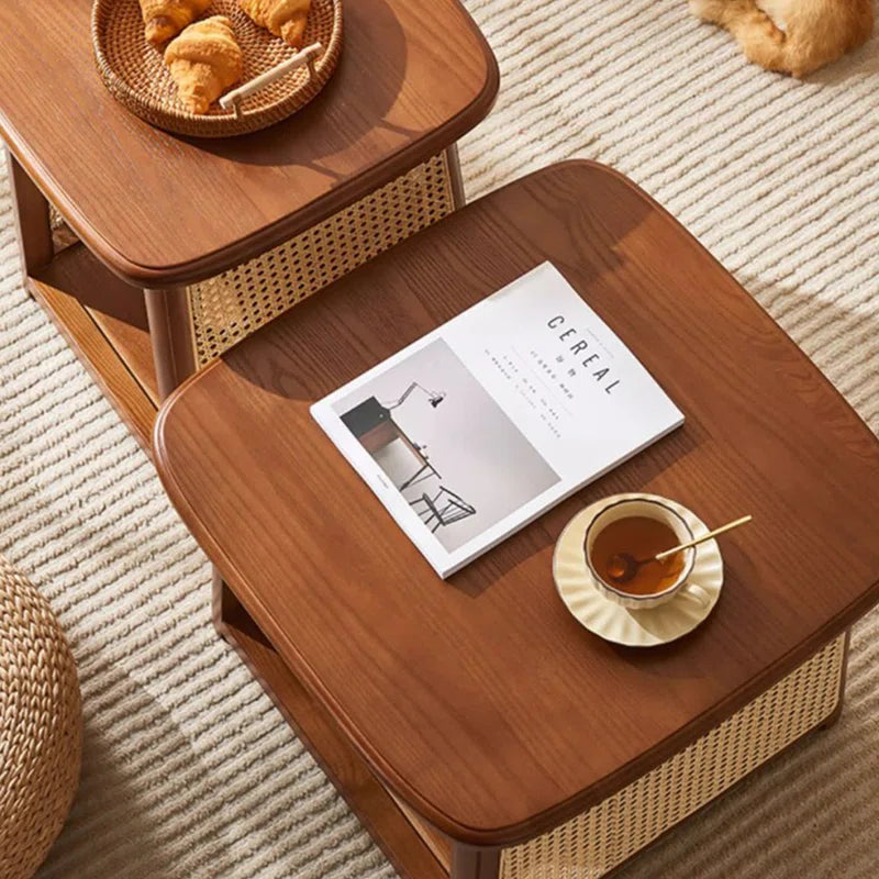 Solid Wood Rattan Coffee Table with High-Low Design