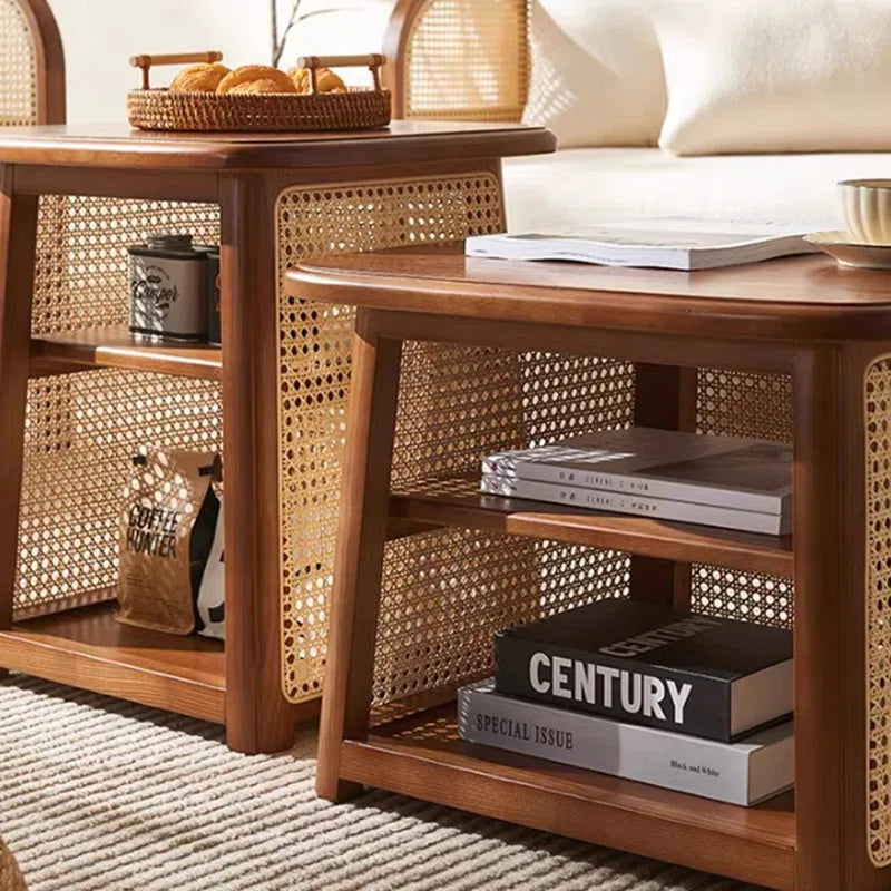 Solid Wood Rattan Coffee Table with High-Low Design