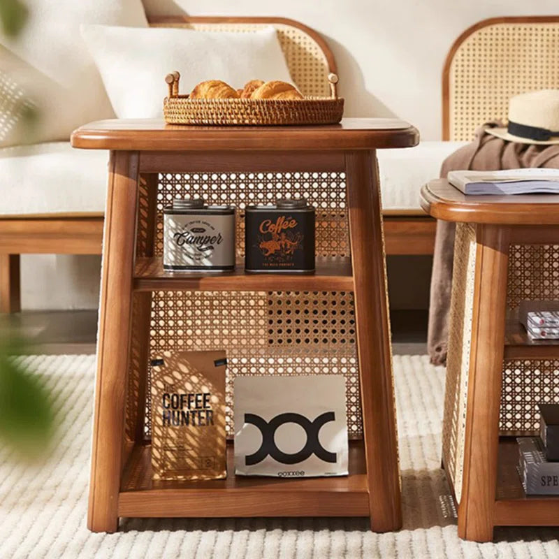 Solid Wood Rattan Coffee Table with High-Low Design
