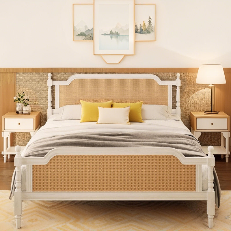 French Provincial Teakwood & Rattan Bed