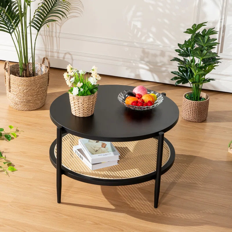 Retro Rattan & Wood Round Coffee Table