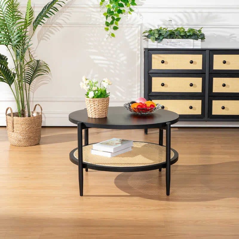 Retro Rattan & Wood Round Coffee Table