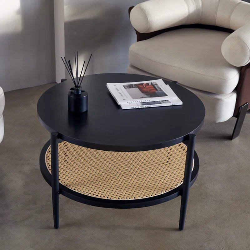 Retro Rattan & Wood Round Coffee Table