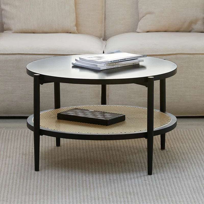 Retro Rattan & Wood Round Coffee Table