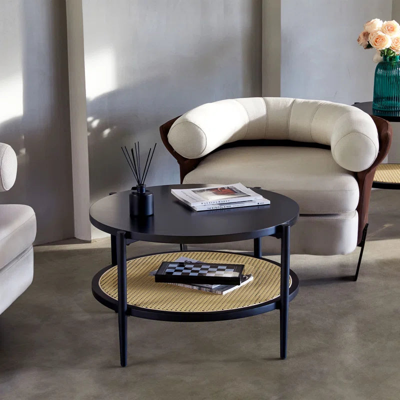 Retro Rattan & Wood Round Coffee Table