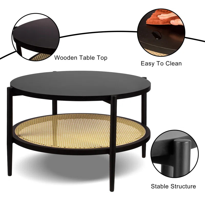 Retro Rattan & Wood Round Coffee Table