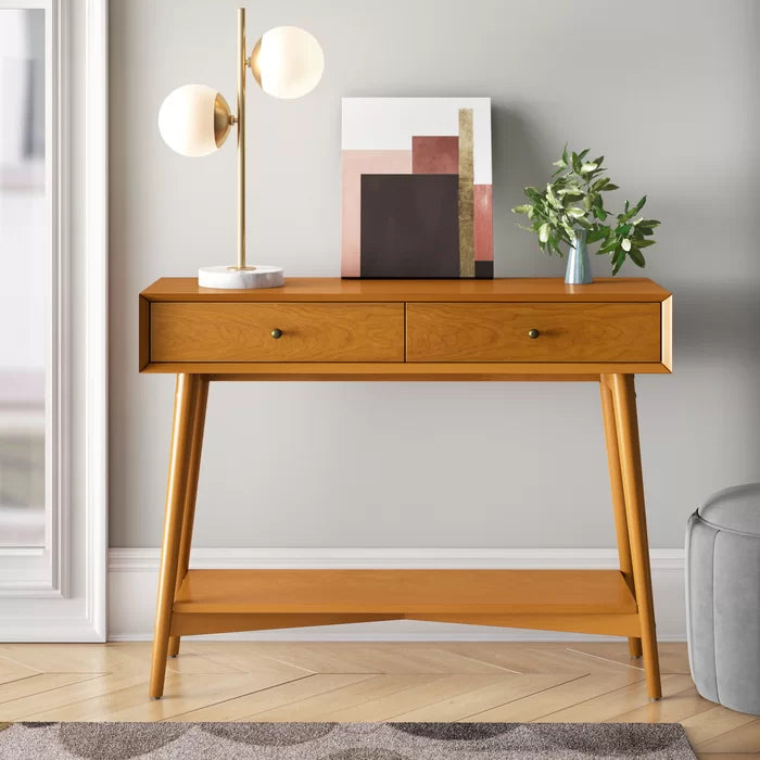 Mid-Century Modern Console Table with 2 Drawers & Lower Shelf
