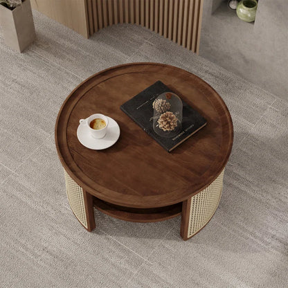 Round Natural Wood Coffee Table With Selves Rattan Base