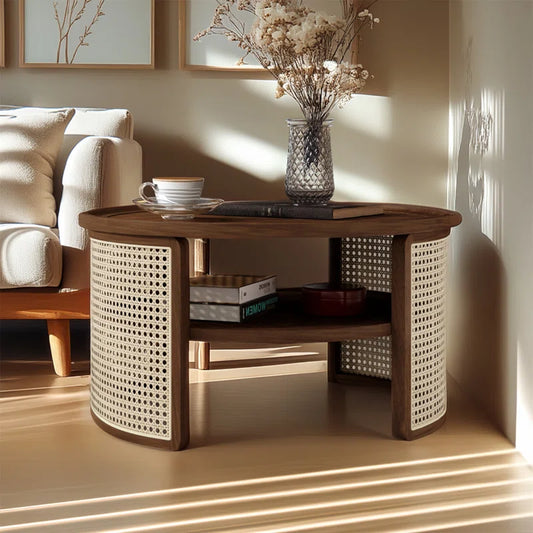 Round Natural Wood Coffee Table With Selves Rattan Base