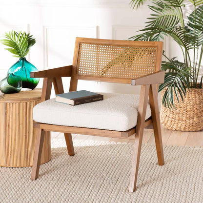 Chandigarh Rattan Accent Chair with Boucle Upholstery