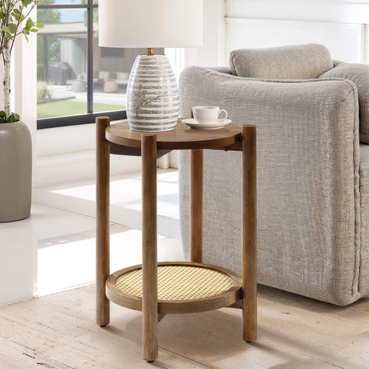 Accent Round End Table with Rattan Shelf