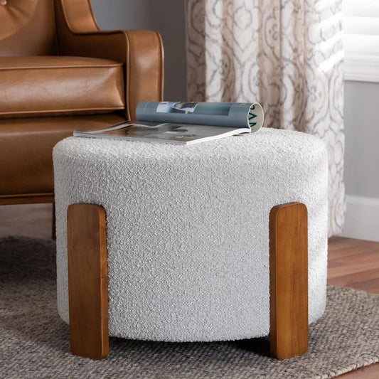Finlay Boucle Fabric and Wood Ottoman