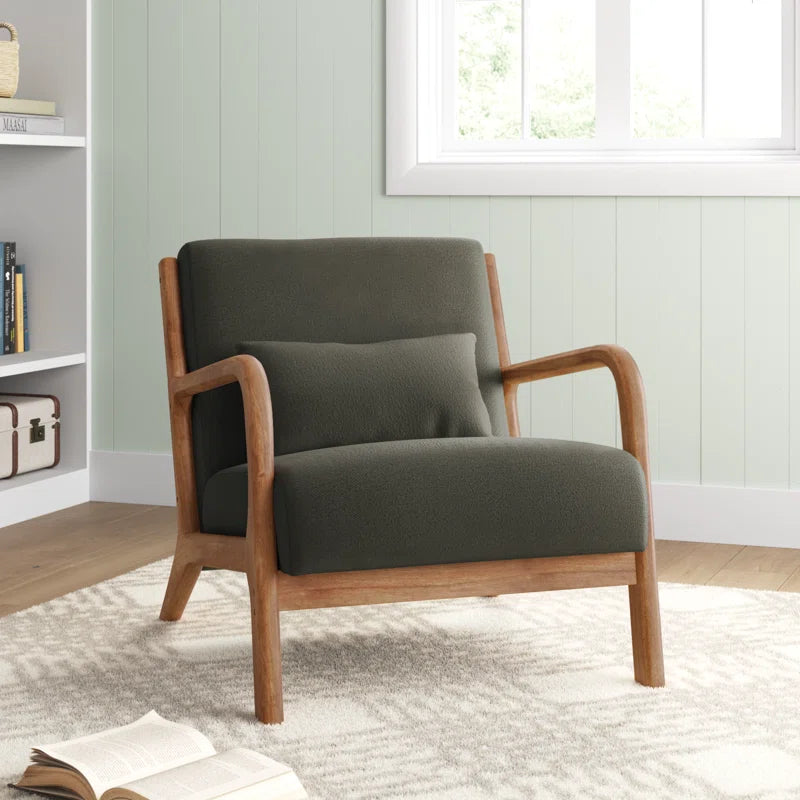 Mid Centuary Upholstered Accent Chair with Wooden Legs and One Pillow