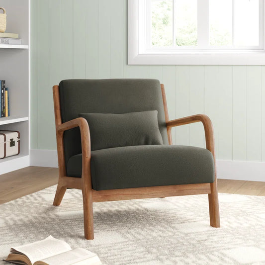 Mid Centuary Upholstered Accent Chair with Wooden Legs and One Pillow