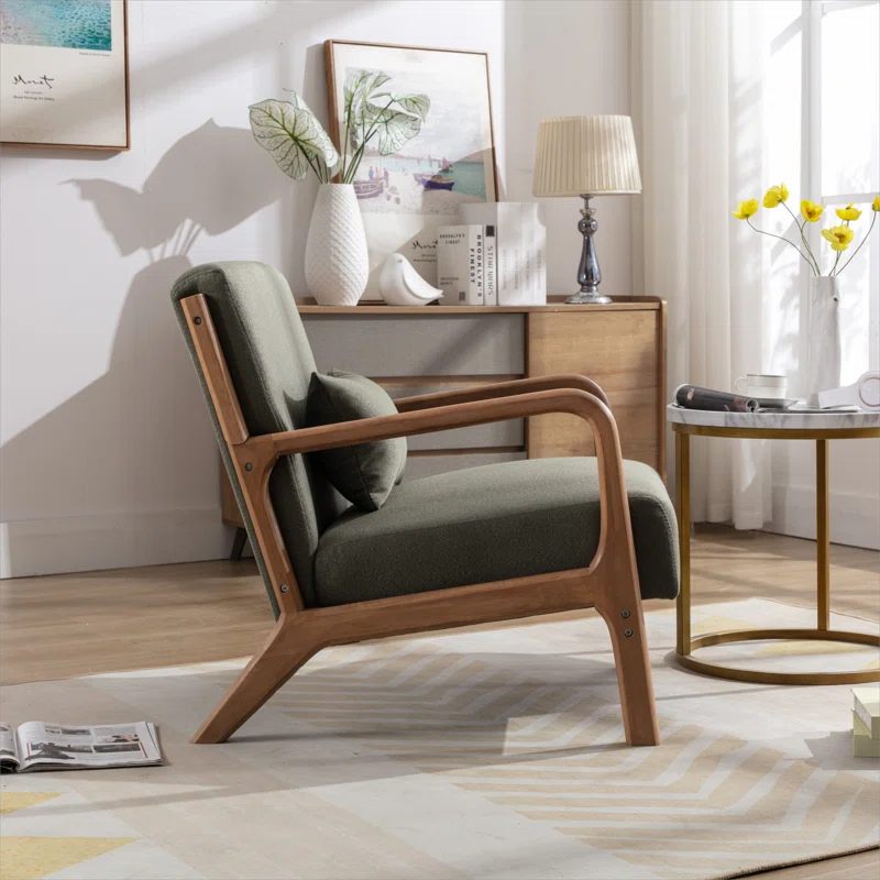Mid Centuary Upholstered Accent Chair with Wooden Legs and One Pillow