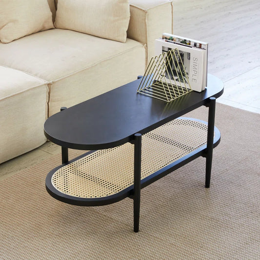 Cane & Wood Coffee Table with Storage