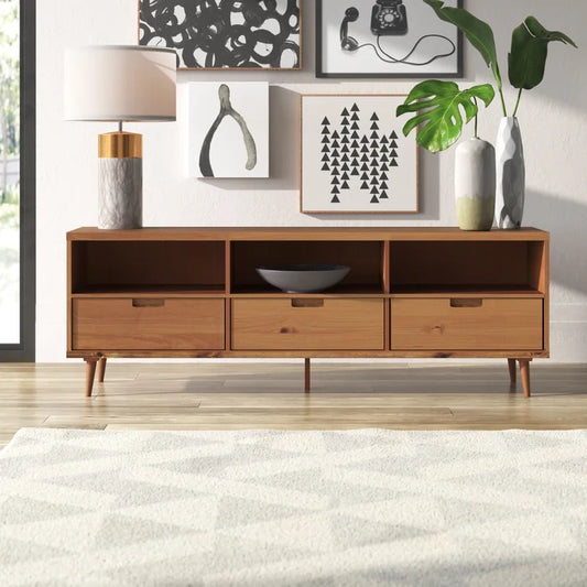 Solid Teak Wood 3-Drawer TV Stand