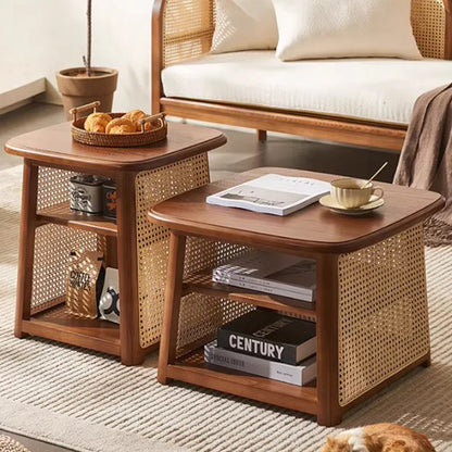 Solid Wood Rattan Coffee Table with High-Low Design