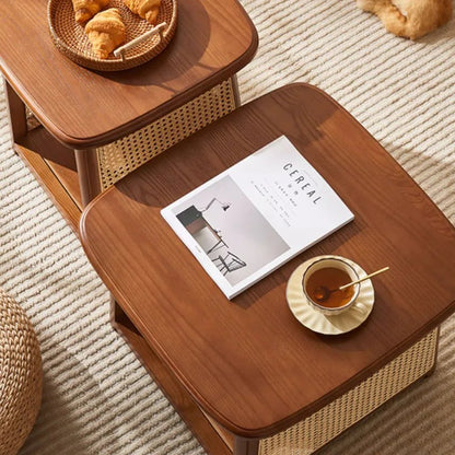 Solid Wood Rattan Coffee Table with High-Low Design