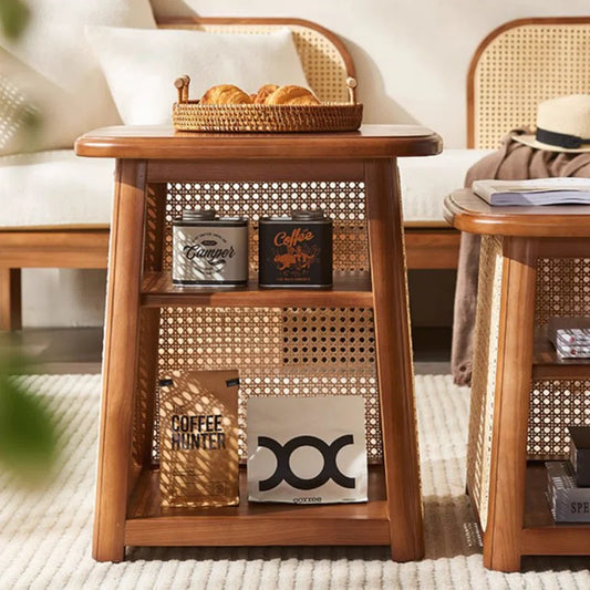 Solid Wood Rattan Coffee Table with High-Low Design
