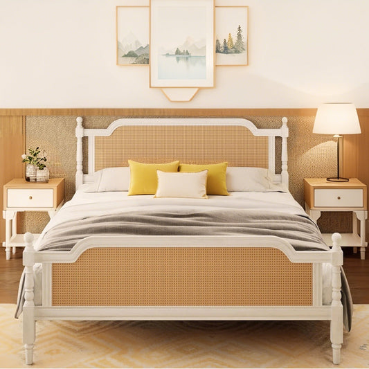French Provincial Teakwood & Rattan Bed