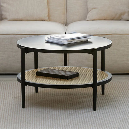 Retro Rattan & Wood Round Coffee Table