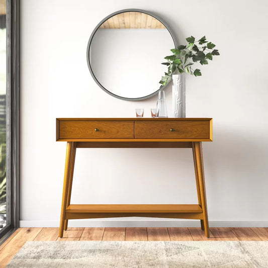 Mid-Century Modern Console Table with 2 Drawers & Lower Shelf